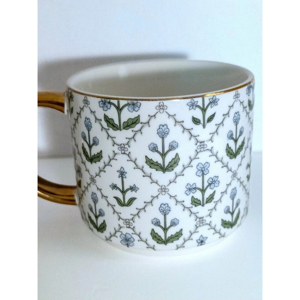 Elegant Floral Porcelain Mug with Gold Handle - White and Green